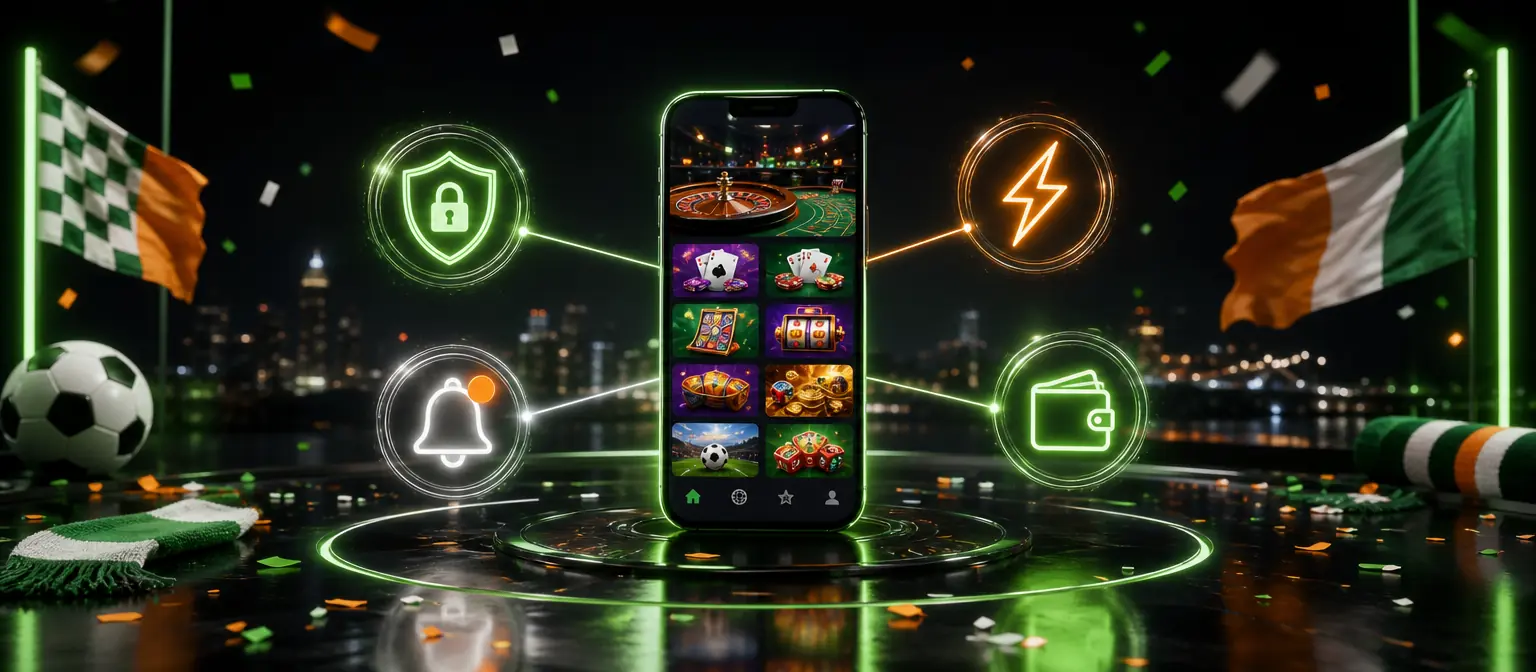 Smartphone surrounded by glowing holographic icons for security, notifications, speed and the cashier