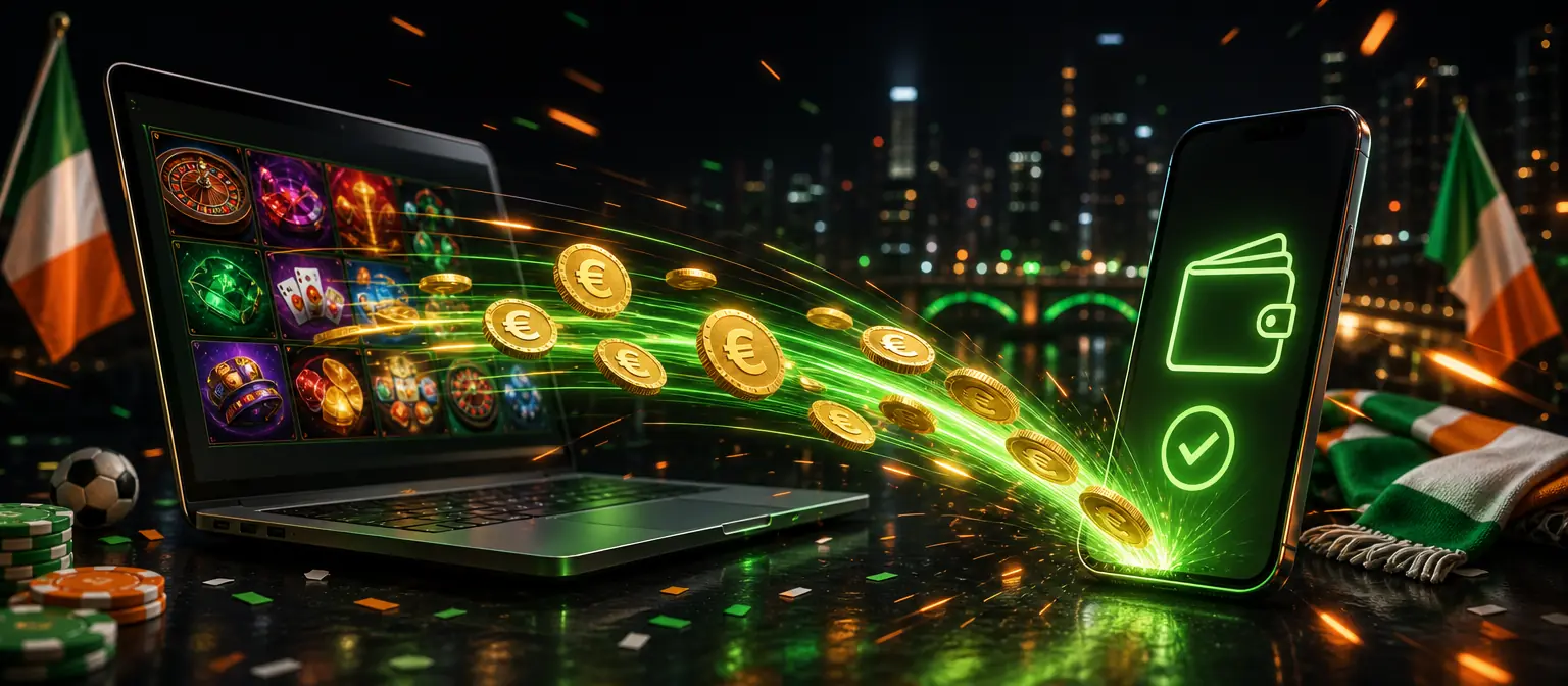 Gold coins racing along a glowing green light track from a laptop casino lobby into a smartphone wallet
