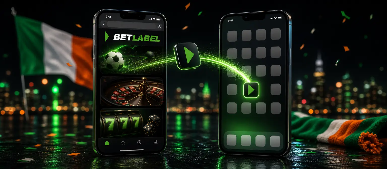 Phone browser showing the BetLabel site while an app icon flies onto the home screen of a second phone