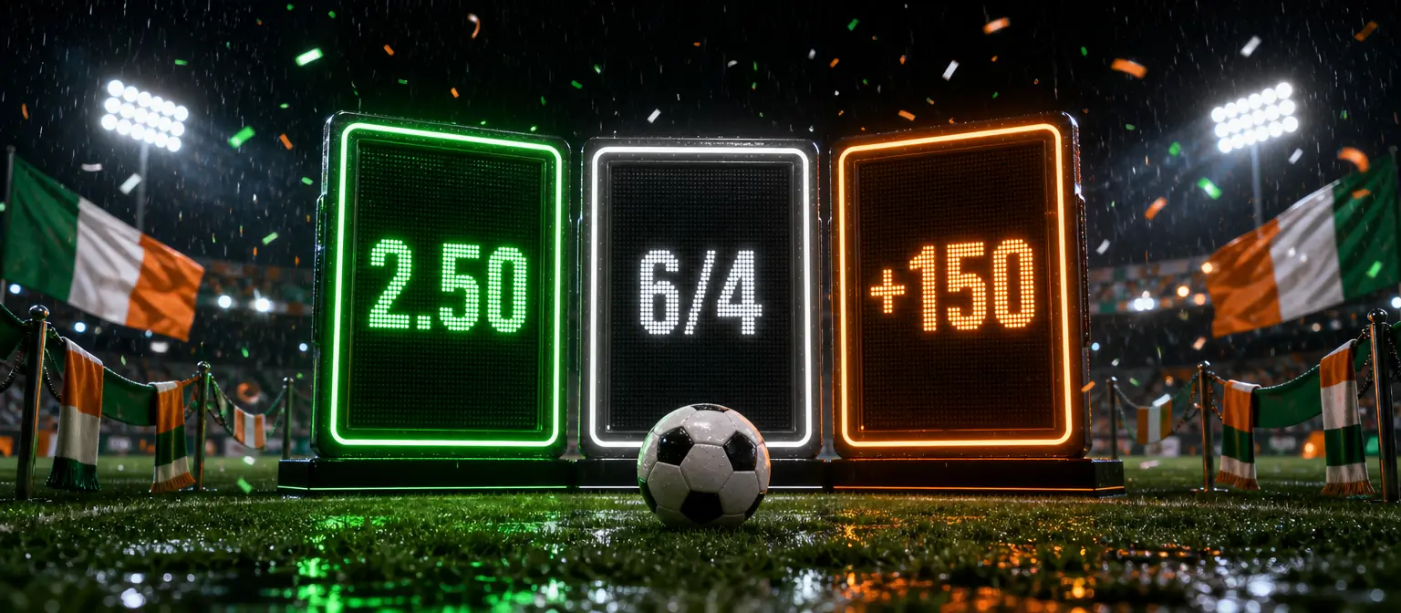 Three glowing scoreboard panels showing the same price as 2.50, 6/4 and +150 above a football on a floodlit pitch