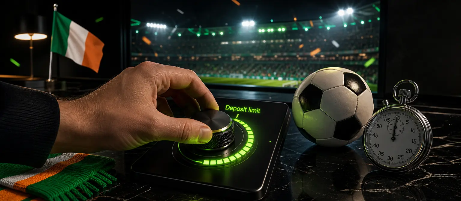 Hand turning a glowing control dial labelled Deposit limit, with a stopwatch and a football beside it