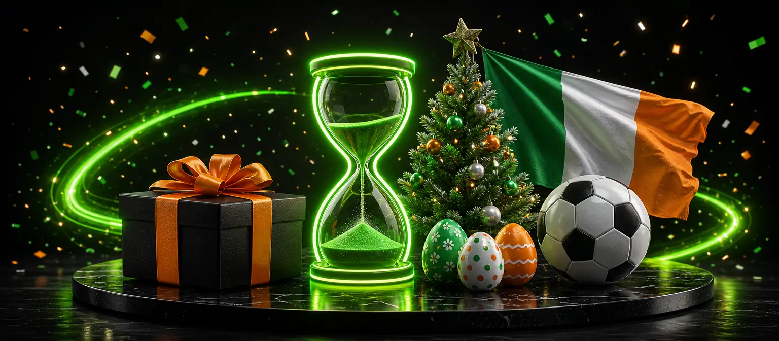 Limited-time offers: a gift box, a small Christmas tree, Easter eggs and a football around a glowing countdown hourglass