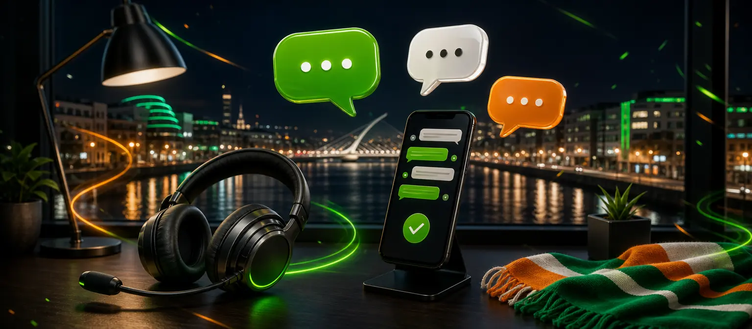 Support desk at night with a headset, a phone showing a chat and floating speech bubbles, the River Liffey glowing behind