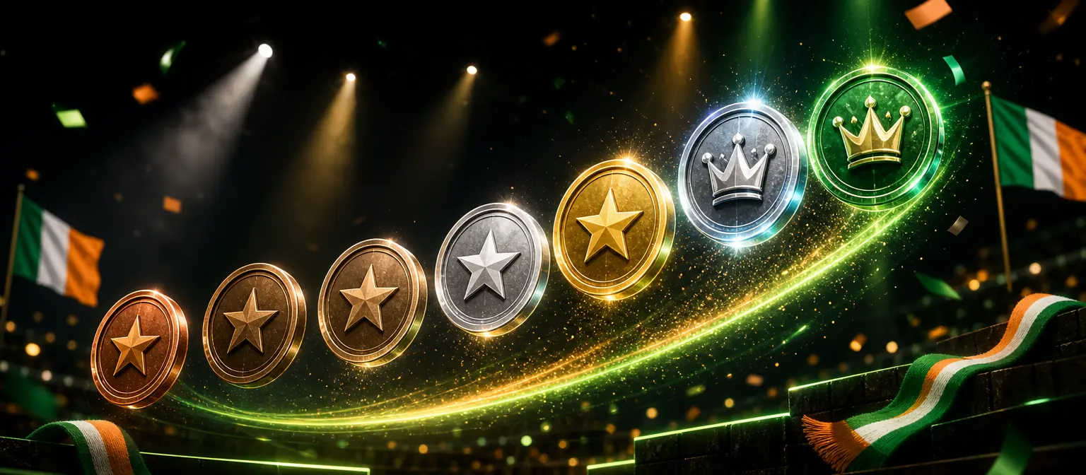 Eight glowing medallions rising in an arc from copper through silver and gold to an emerald top tier