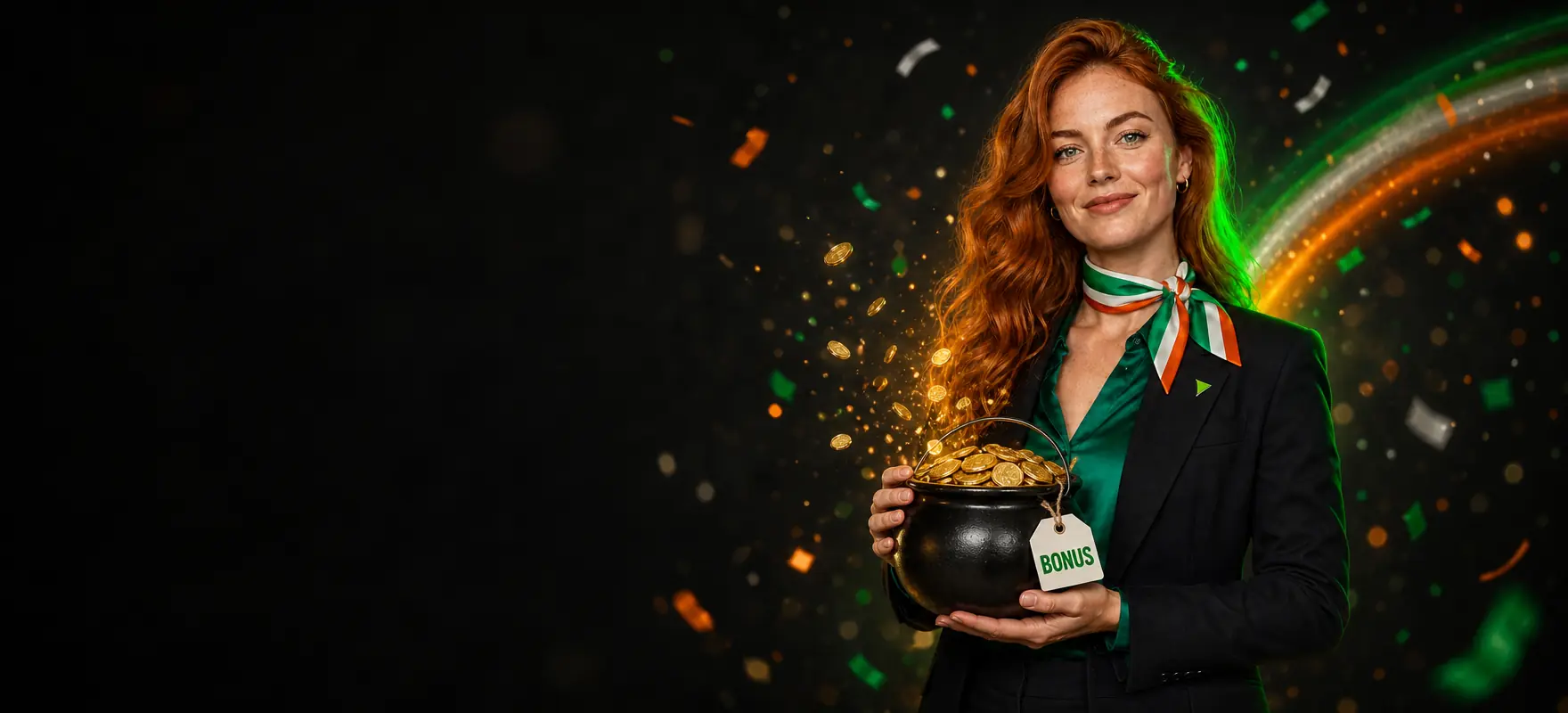 Woman with copper-red hair holding a small black cauldron overflowing with gold coins under a soft rainbow of light, with a tag reading BONUS