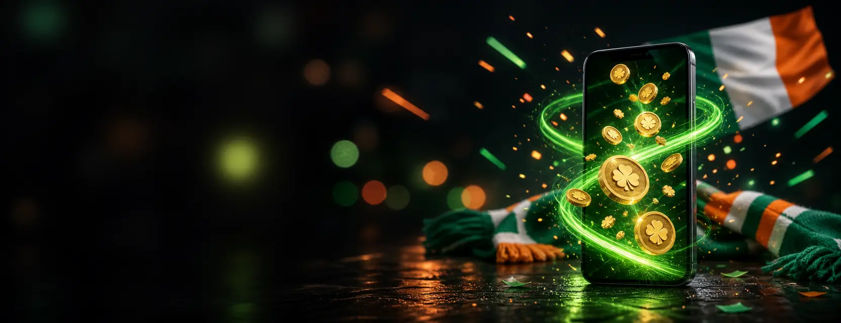 Smartphone on a wet table sending a glowing spiral of gold coins and clover tokens up from its screen