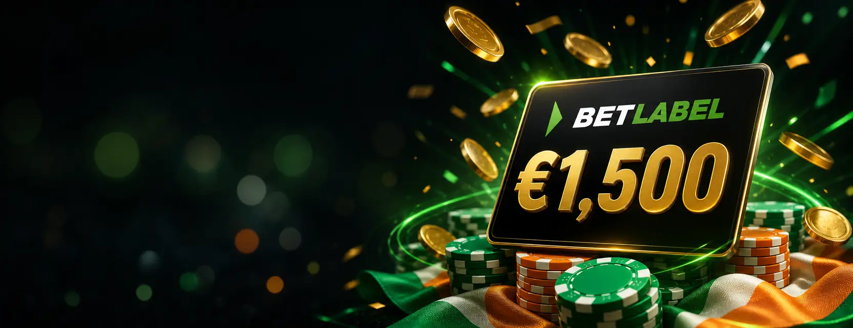 Black and gold bonus card with the BetLabel logo and €1,500 floating above casino chips and falling gold coins