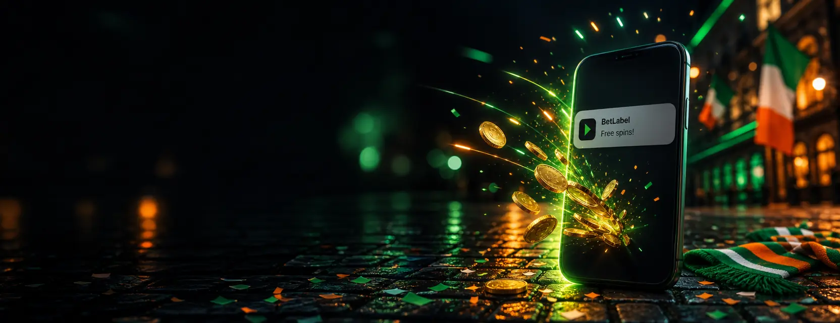 Smartphone on a rain-wet street at night showing a BetLabel notification reading Free spins!, with golden coins bursting out