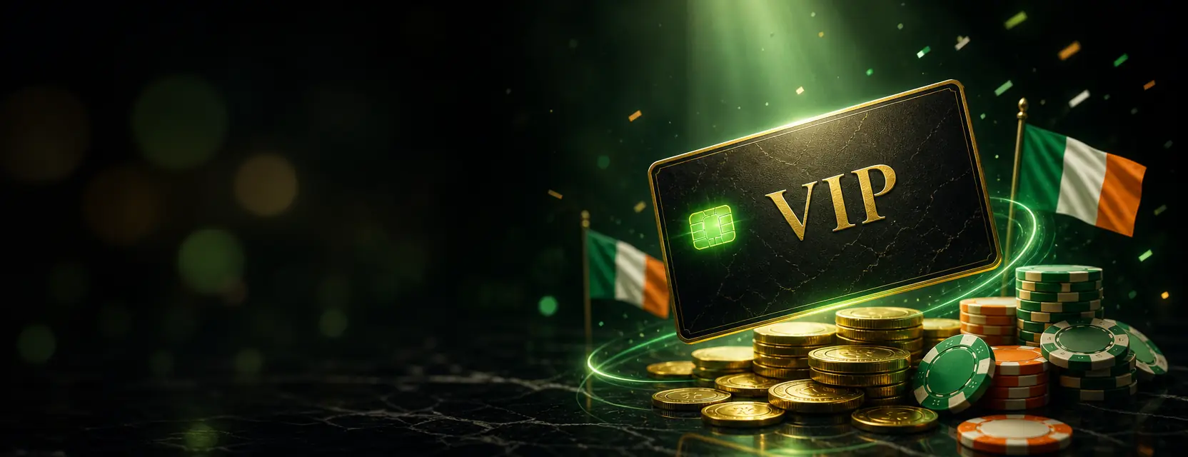 Black metal VIP card with gold edges and an emerald chip engraved VIP, floating above gold coins and chips