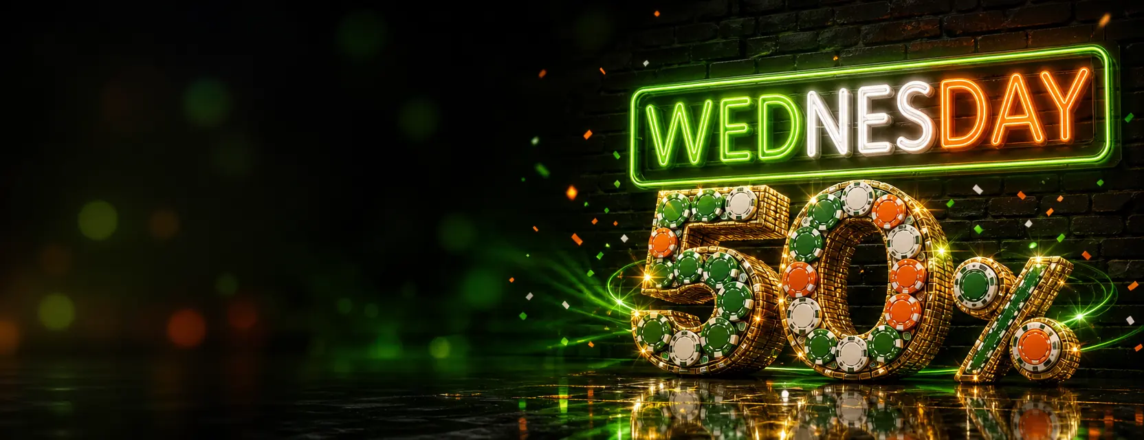 Neon sign reading WEDNESDAY above a large 50% built from stacked gold coins and casino chips