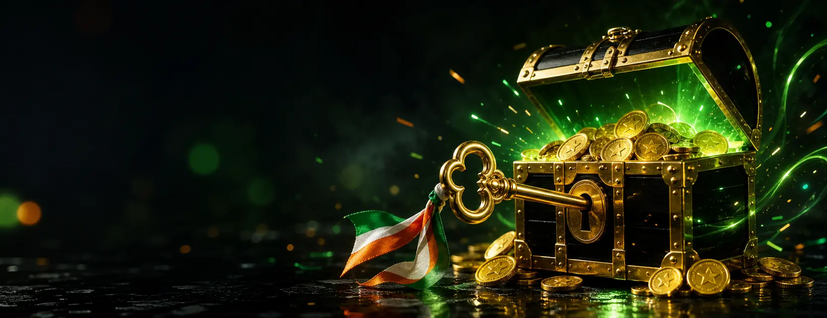 Golden key with a green-white-orange ribbon unlocking a glowing treasure chest full of gold coins and star tokens